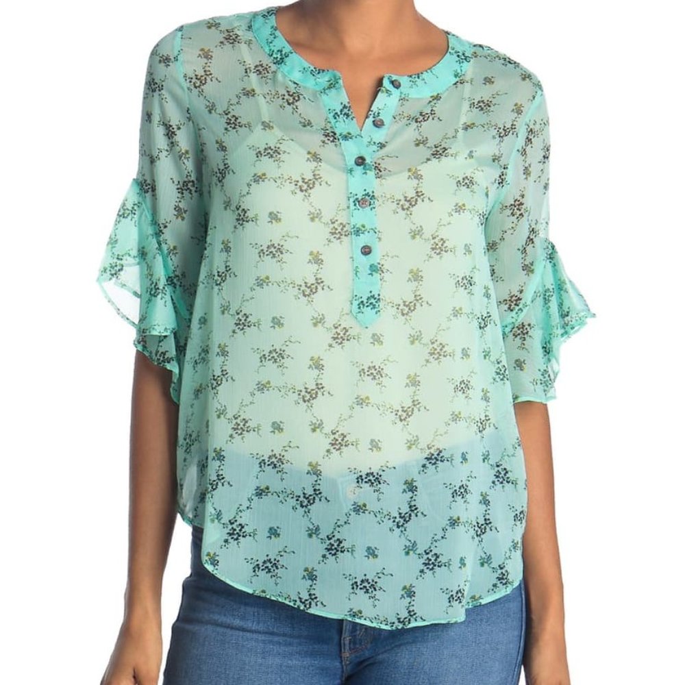 NeW VINCE CAMUTO BOUQUET RUFFLE CUFFED SHEER BLOUSE  XL